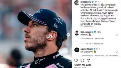 La publicación de Pierre Gasly y el comentario de Franco Colapinto