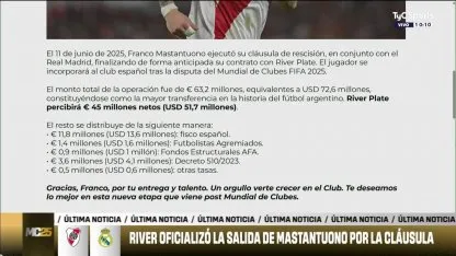 River confirmó la salida de Franco Mastantuono por la cláusula de rescisión